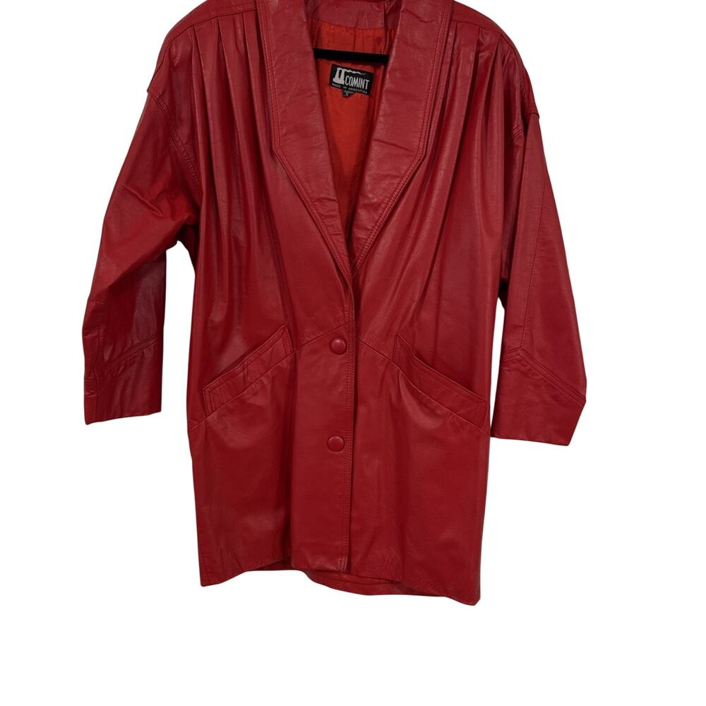 Vintage COMINT Red Leather Jacket Double Button Snaps Pockets Small Lined Nice